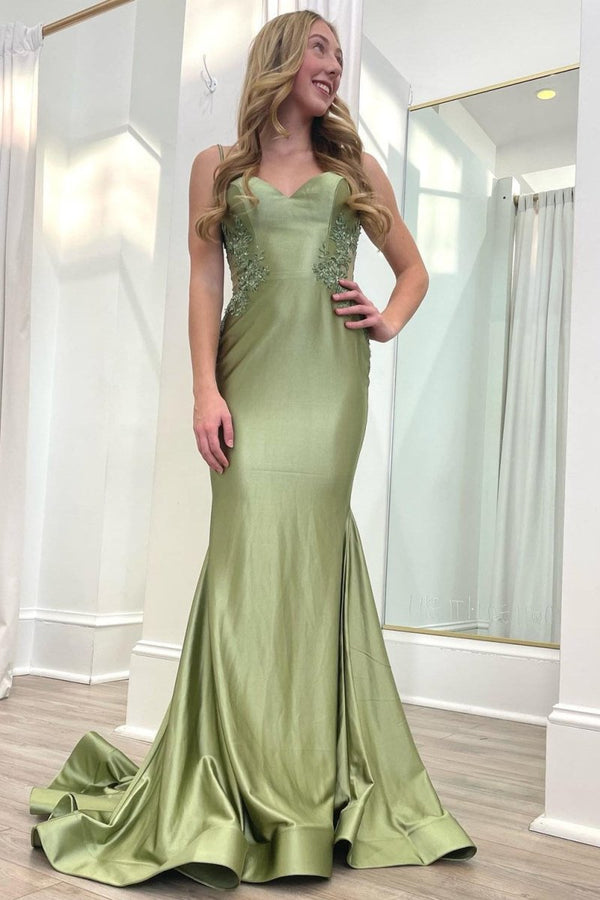 Sage Green Spaghetti Strap Backless Trumpet Long Gown - KissProm