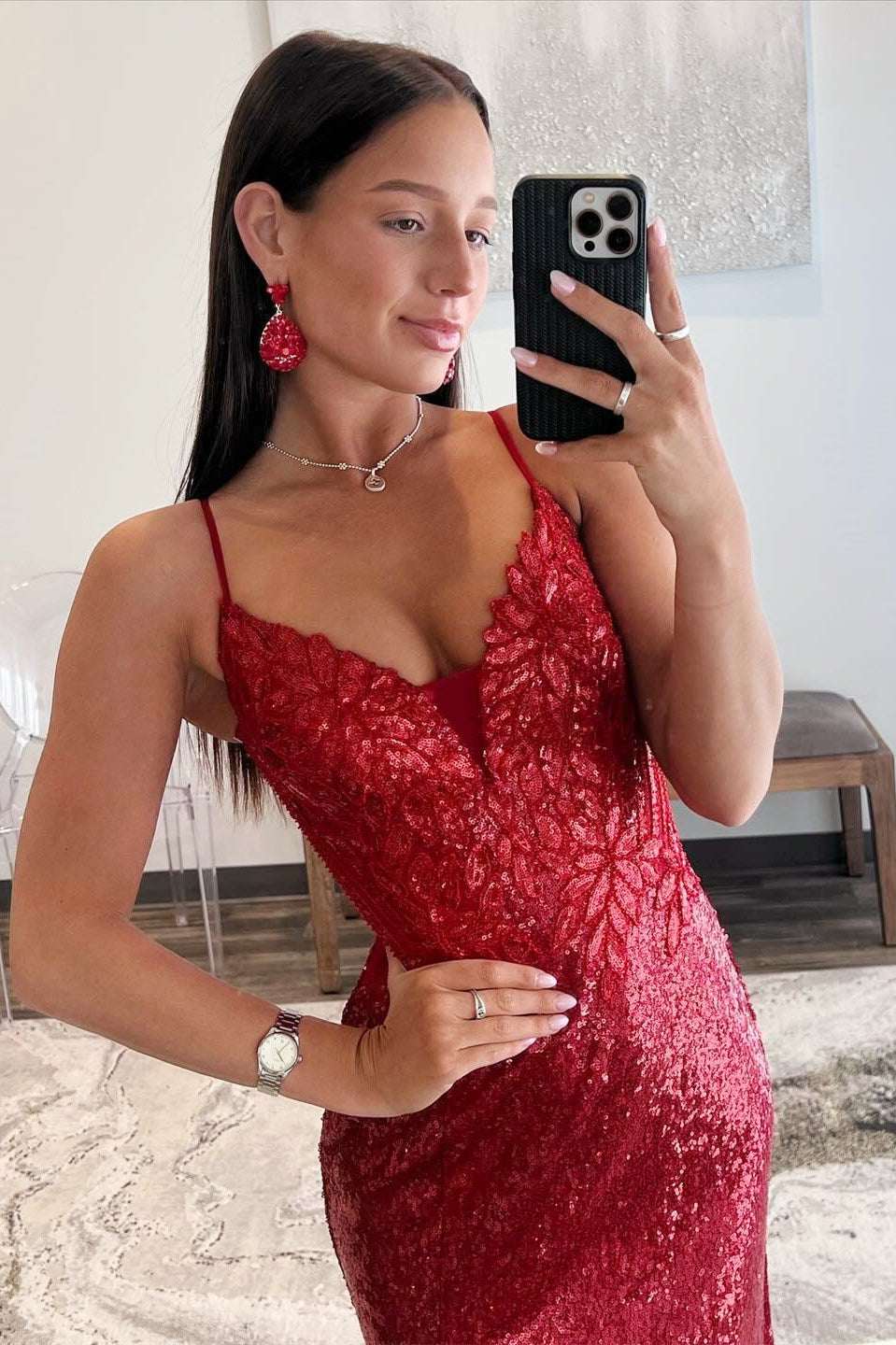 Red Sequin Plunge V Backless Mermaid Maxi Dress with Slit