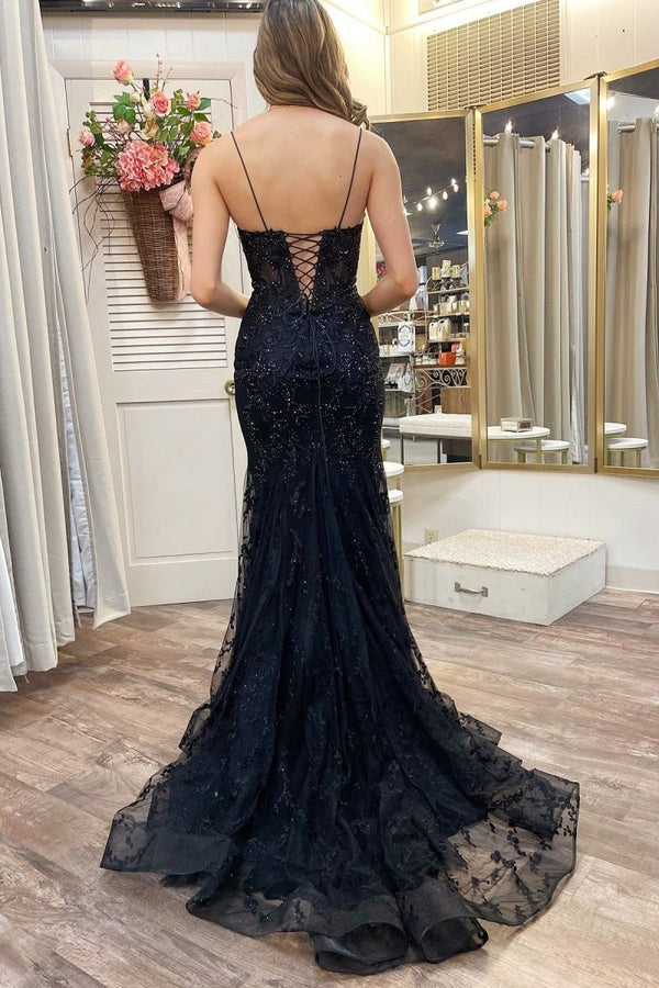 Black Appliques Plunge V Lace-Up Trumpet Prom Gown, Black / 0 / Tulle Black Appliques Plunge V Lace-Up Trumpet Prom Gown, Black / 0 / Tulle