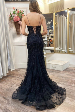 Black Appliques Plunge V Lace - Up Trumpet Prom Gown - KissProm
