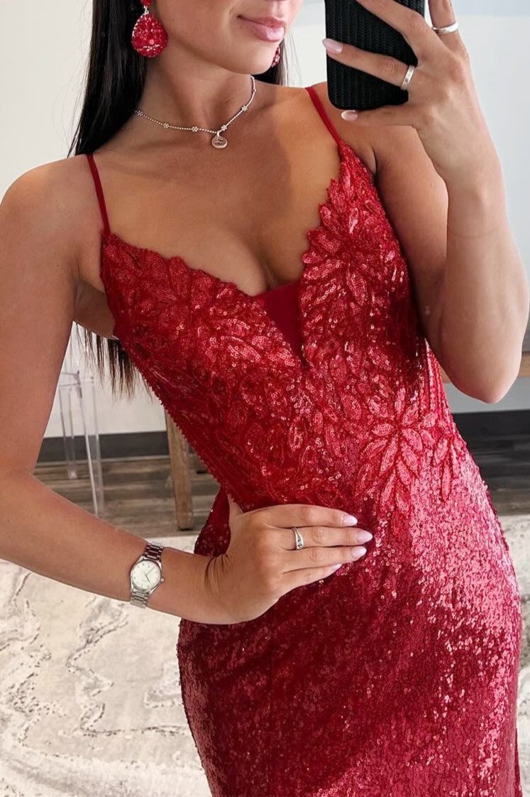 Red Sequin Plunge V Backless Mermaid Maxi Dress with Slit Red / 00 / Sequins