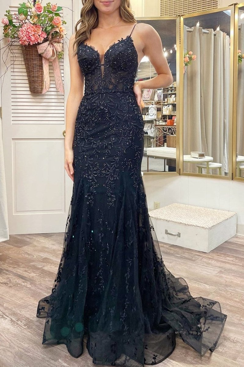 Black Appliques Plunge V Lace-Up Trumpet Prom Gown, Black / 0 / Tulle