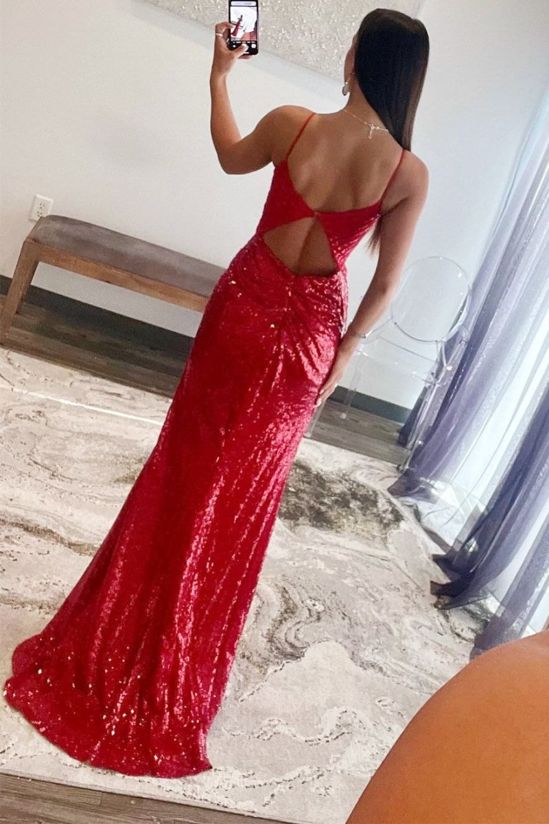open lace back dress Red Sequin Plunge V Backless Mermaid Maxi Dress with Slit Red / 00 / Sequins