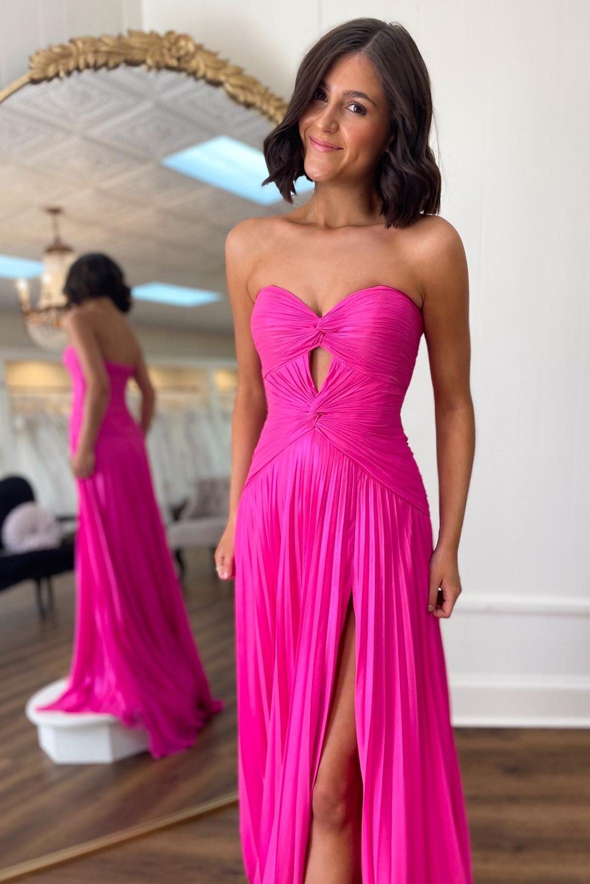 Hot Pink Strapless Keyhole Pleated A-Line Prom Dress