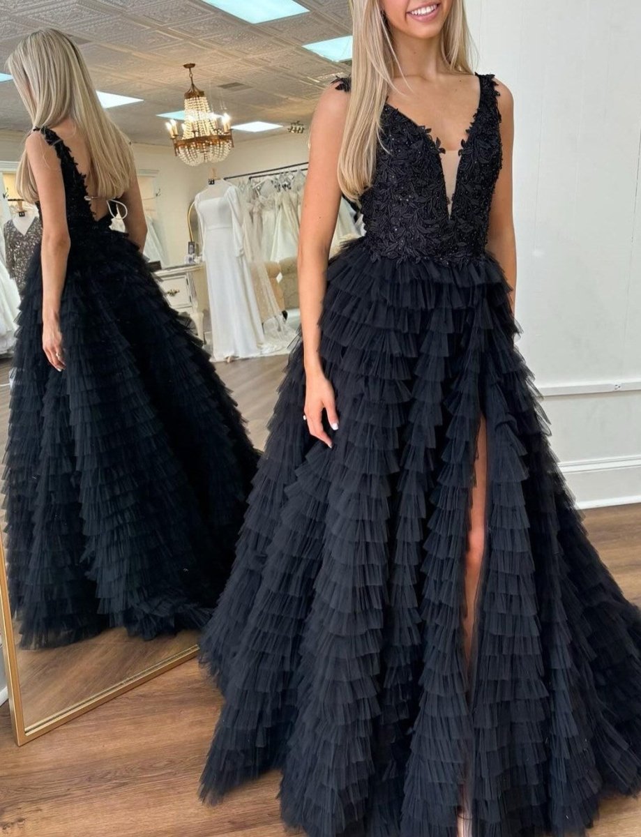 Yellow Plunge V Ruffle Tiered Long Prom Dress with Slit - KissProm