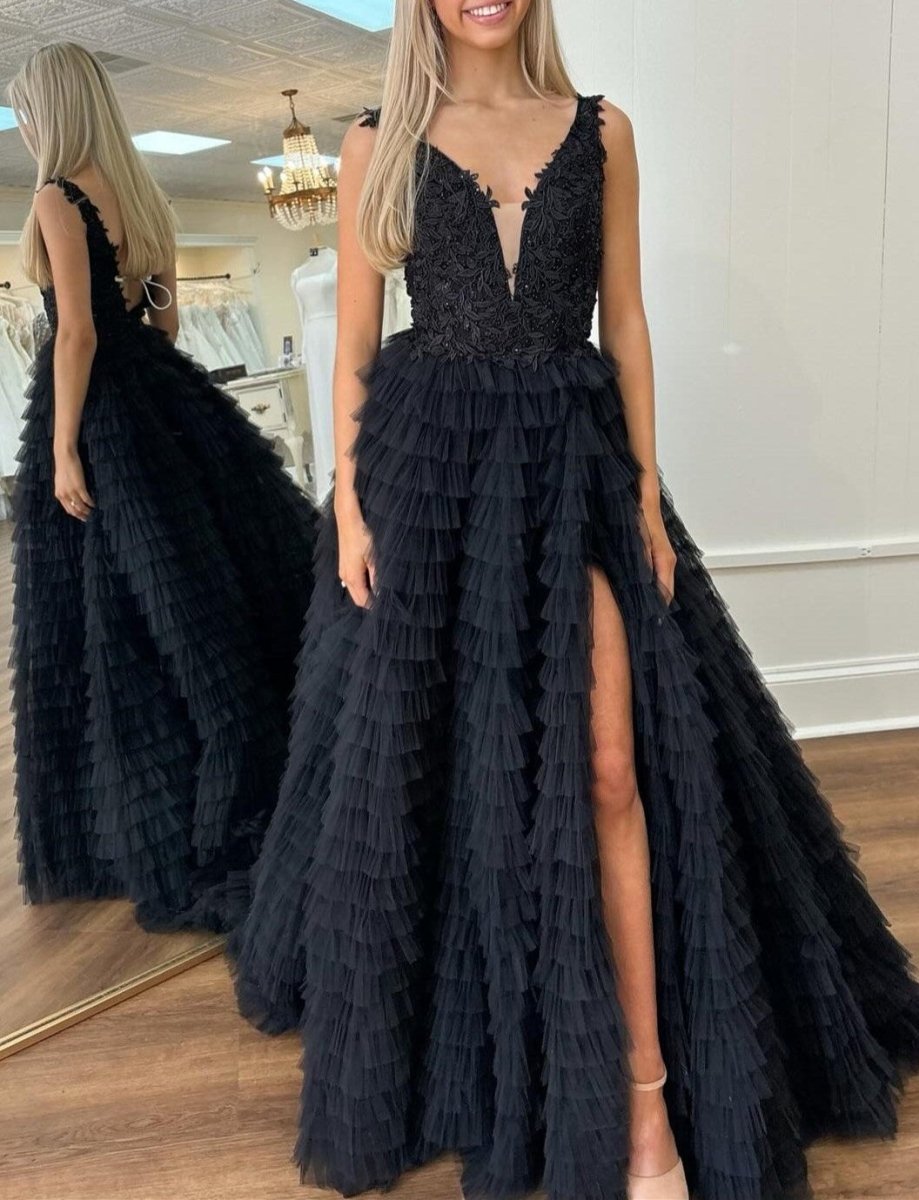 Yellow Plunge V Ruffle Tiered Long Prom Dress with Slit - KissProm