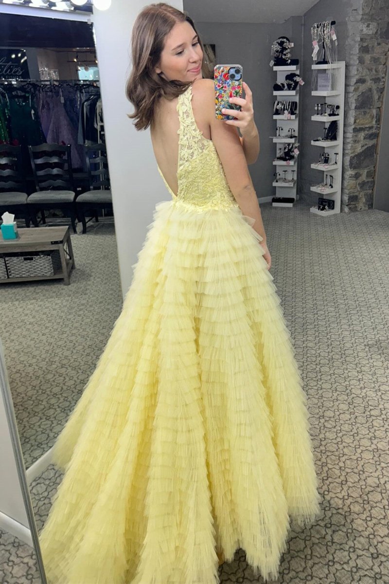 Yellow Plunge V Ruffle Tiered Long Prom Dress with Slit - KissProm