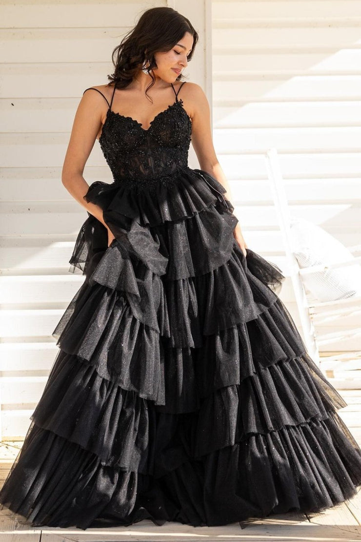 Stunning Spaghetti Straps Floral Print Tiered Ruffle Long Prom Dresses with Slit VK26020204