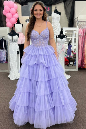 Tiered Ruffle Appliques Corset Long Prom Dress with Spaghetti Straps