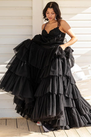 Tiered Ruffle Appliques Corset Long Prom Dress with Spaghetti Straps