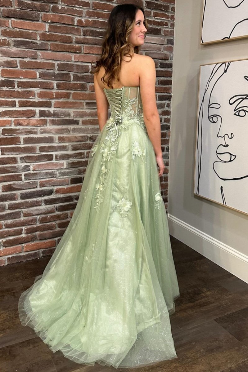Sage Green Sweetheart Lace-Up Long Prom Dress with 3D Floral Lace Sage Green / 4 / Tulle