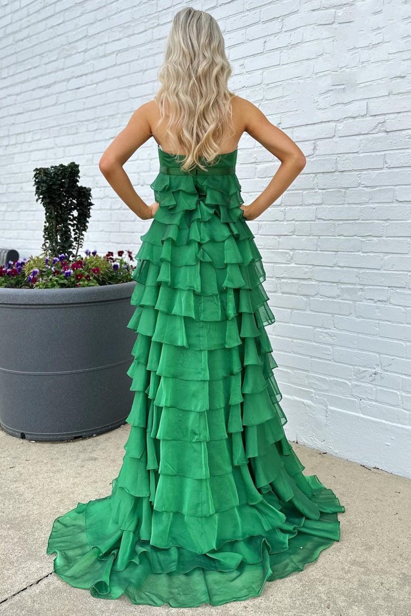 Strapless High - Waist Ruffle Tiered Long Prom Dress with Bow - KissProm