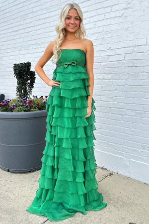 Strapless High - Waist Ruffle Tiered Long Prom Dress with Bow - KissProm