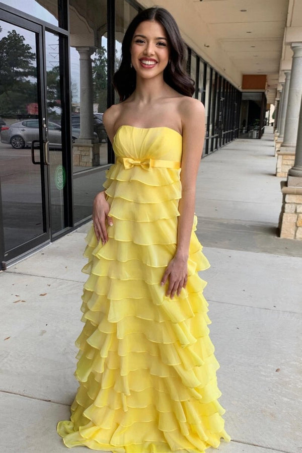Strapless High - Waist Ruffle Tiered Long Prom Dress with Bow - KissProm