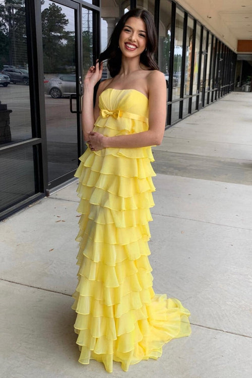 Strapless High - Waist Ruffle Tiered Long Prom Dress with Bow - KissProm