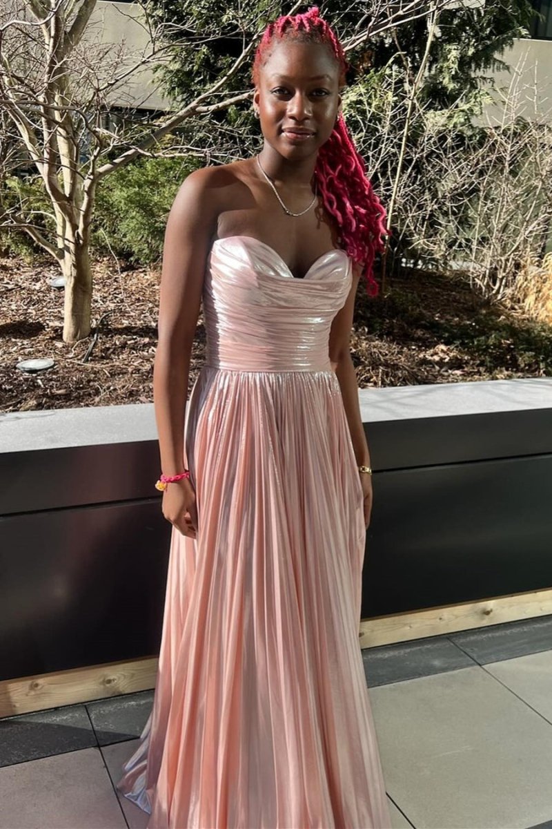 Green Metallic Sweetheart Pleated A-Line Long Prom Dresses Candy Pink / Custom Size