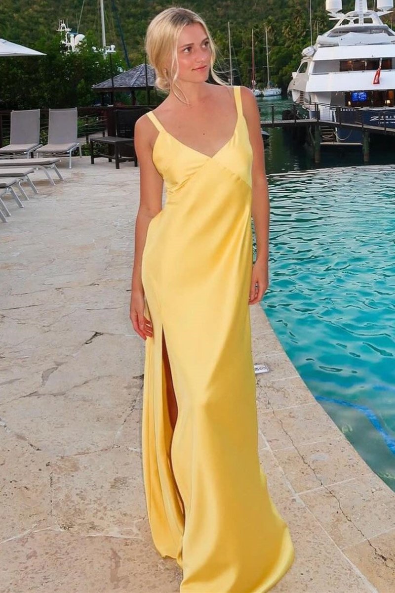 Sheath V - Neck Tie - Back Maxi Dress with Slit in Yellow - KissProm