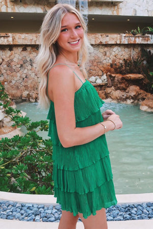 Green Spaghetti Strap Ruffle Tiered Pleated Party Dress – Homecoming Dresses by KissProm | Available at KissProm