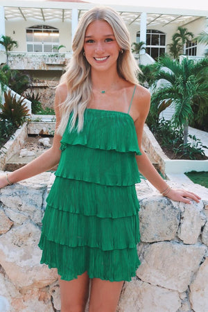 Poppy | Green Spaghetti Strap Ruffle Tiered Pleated Party Dress