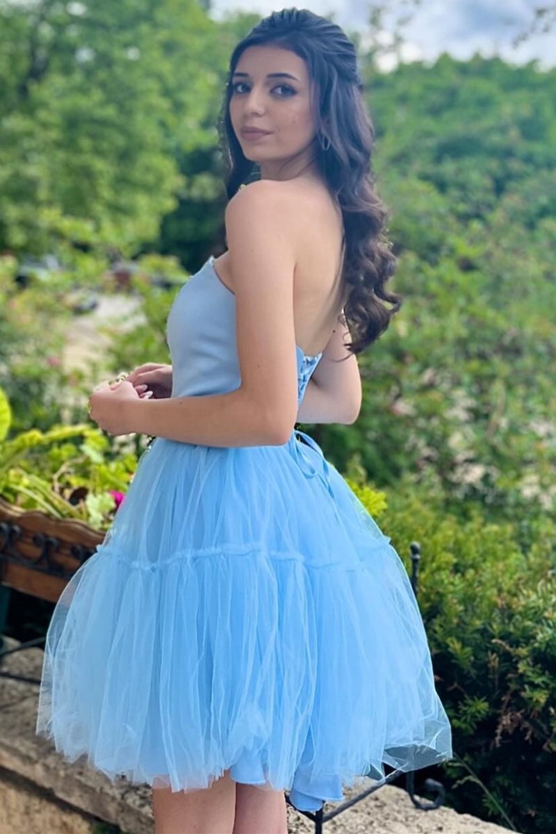 Vandalia | Sky Blue Strapless Lace - Up A - Line Homecoming Dress - KissProm