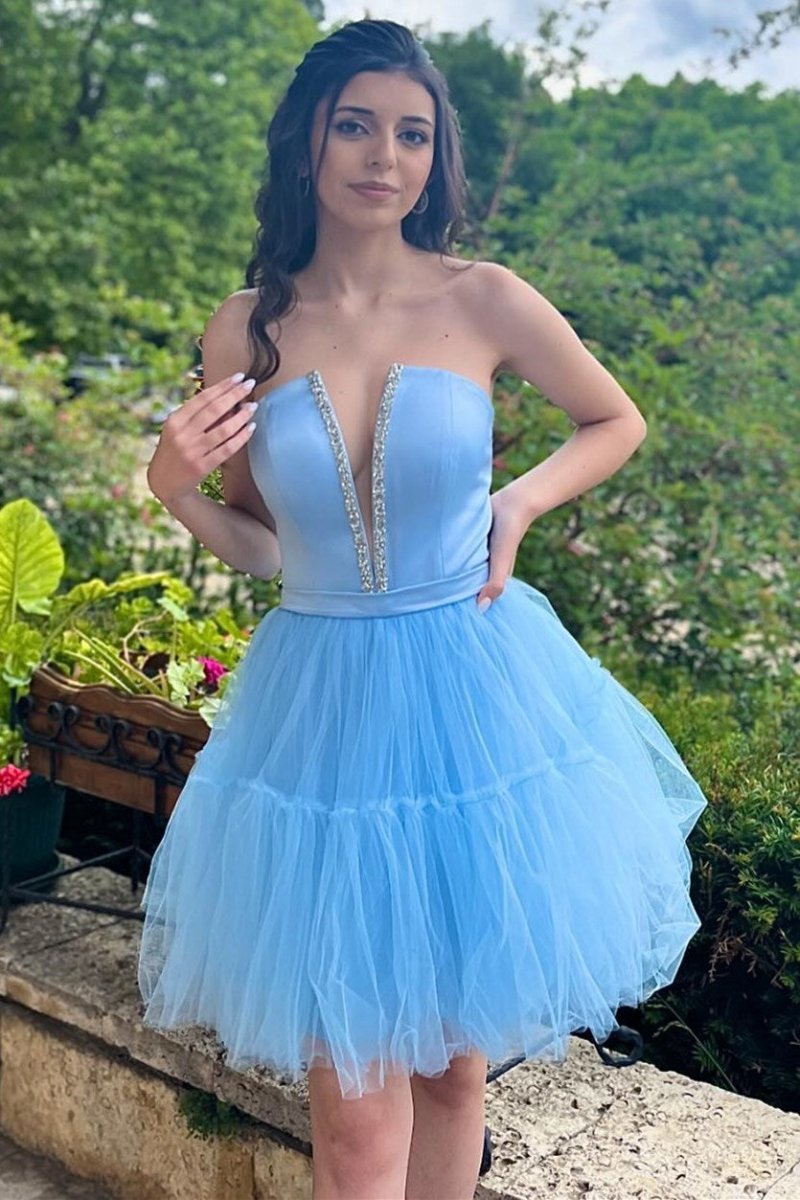 Sky Blue Strapless Lace-Up A-Line Homecoming Dress Blue / 12 / Tulle