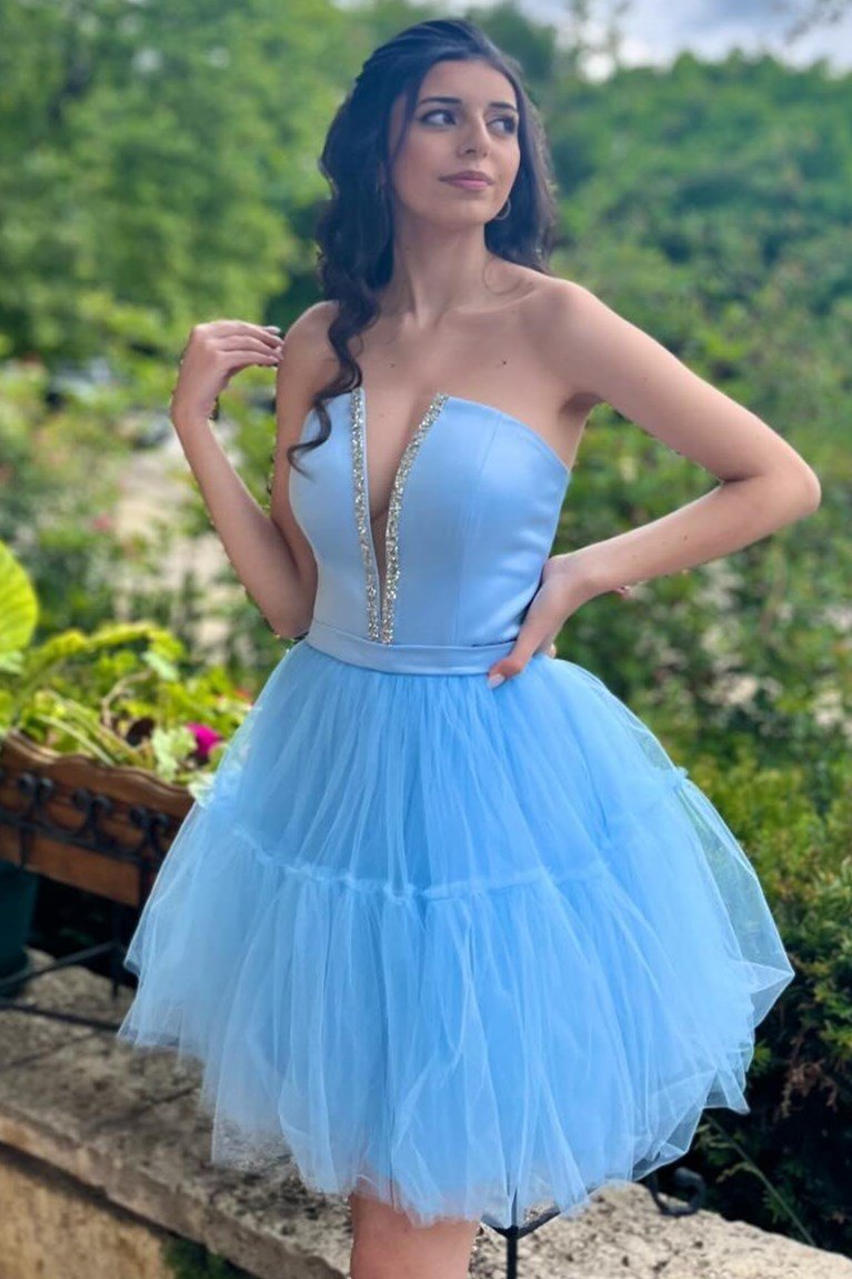 Vandalia | Sky Blue Strapless Lace - Up A - Line Homecoming Dress - KissProm