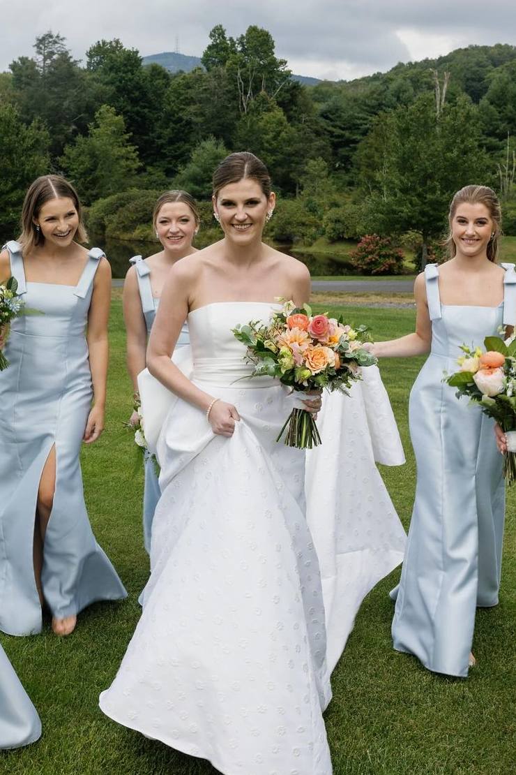 Mermaid Straps Bows Pleats Satin Sleeveless Long Bridesmaid Dress with Slit, Sky Blue / 6