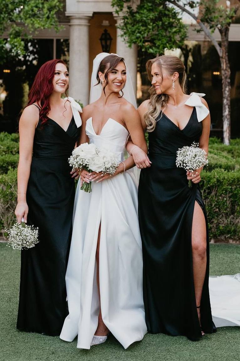 Gorgeous Sleeveless V-neck Mermaid Side Slit Black Satin Bridesmaid Dresses with Train, BG470