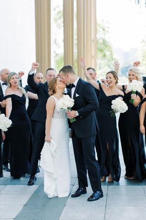 Black Mermaid Off - Shoulder Side Slit V - Neck Chiffon Long Bridesmaid Dress - KissProm