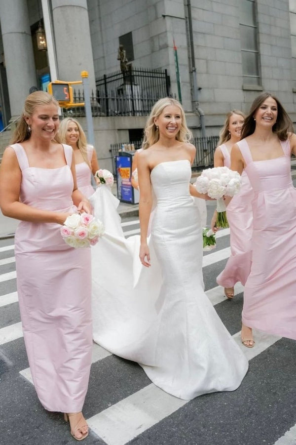 Pink Straps Sheath Square Neck Satin Sleeveless Long Bridesmaid Dress