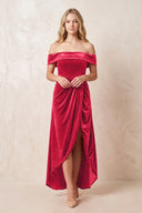 Merlot Off-the-Shoulder Sheath Velvet Midi Bridesmaid Dress - KISSPROM
