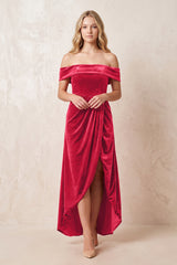 Merlot Off-the-Shoulder Sheath Velvet Midi Bridesmaid Dress - KISSPROM