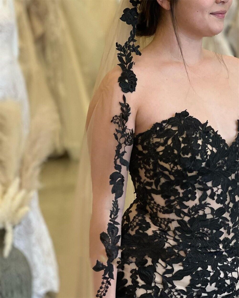 Mermaid Black Champagne Wedding Dresses Lace Strapless Sweep Train