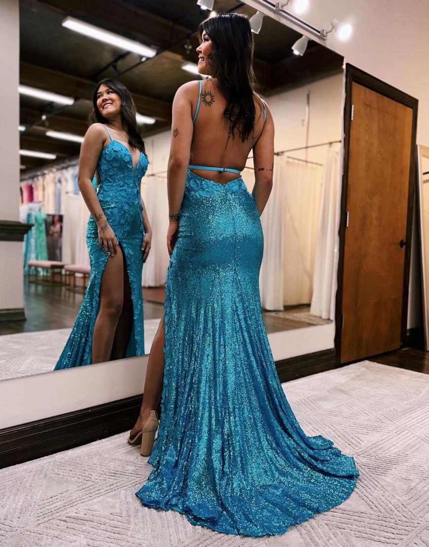 Miracle |Mermaid V Neck Sequins Prom Dress with Slit
