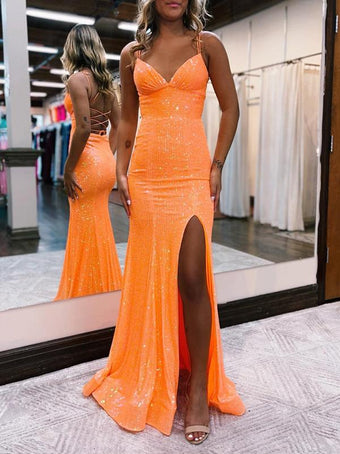 Sparkly Mermaid Scoop Neck Orange Hot Fix Satin Prom Dress main image 1