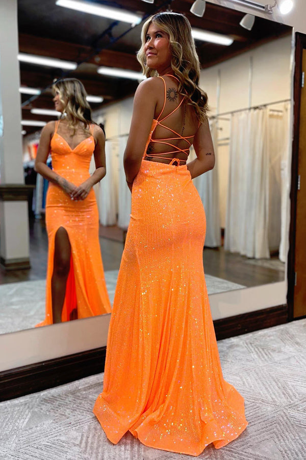 Sparkly Orange Sequins Mermaid Long Prom Dress