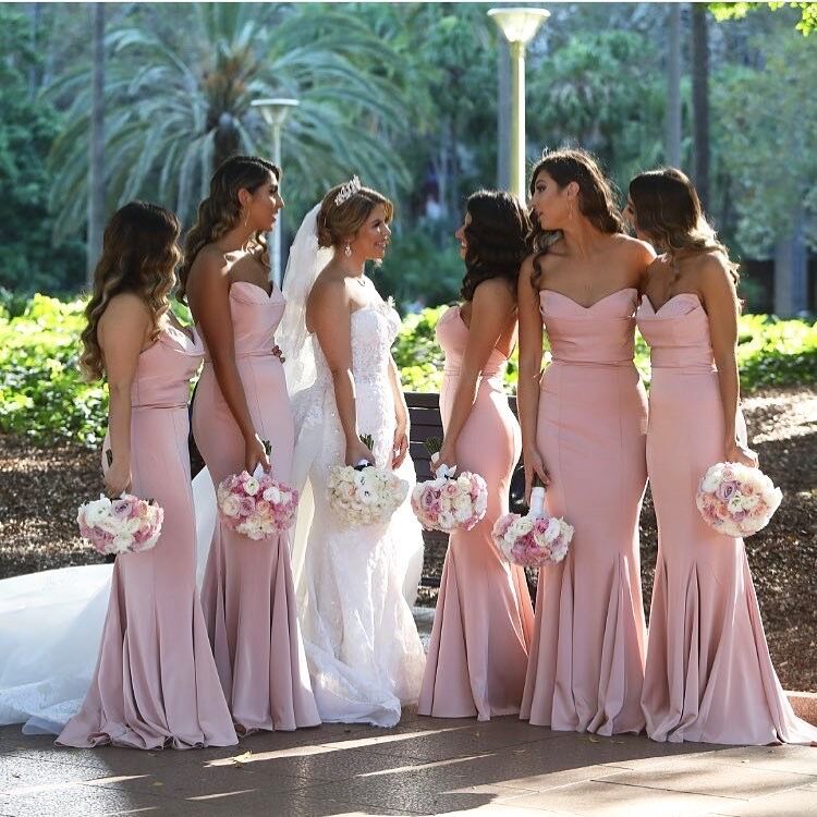 Mermaid Strapless Blush Pink Satin Bridesmaid Dresses Long Party Dresses - KissProm