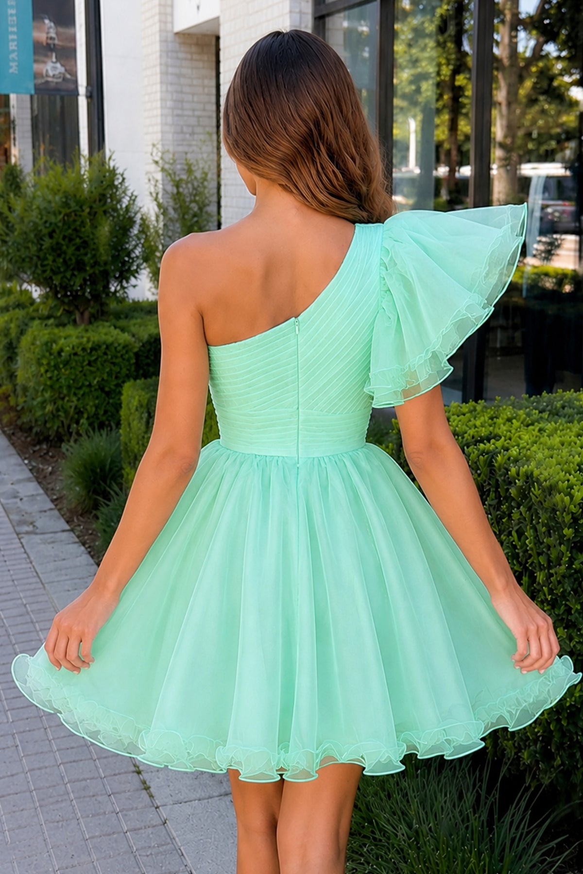 KissProm White A-Line Ruffled One-Shoulder Organza Homecoming Dress, Mint Green / 2