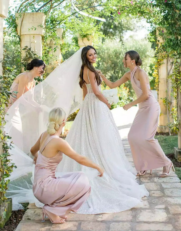 Mismatched Sheath Silk Blush Long Bridesmaid Dress - KissProm