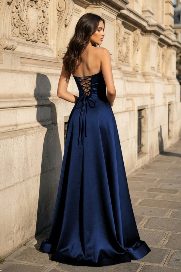 navy blue prom dresses strapless A Line Black Strapless Satin Prom Dresses With Slit, Black / 12