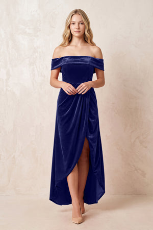 Navy Off-the-Shoulder Sheath Velvet Midi Bridesmaid Dress - KISSPROM