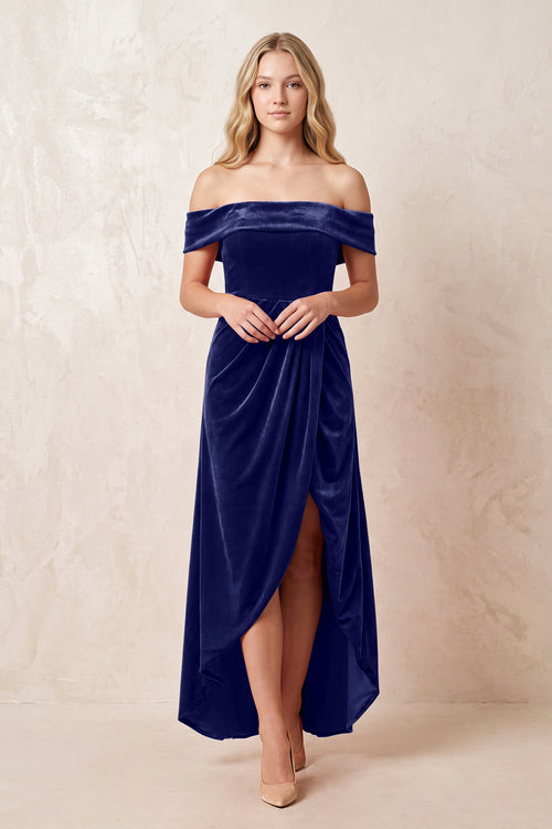 Navy Off-the-Shoulder Sheath Velvet Midi Bridesmaid Dress - KISSPROM