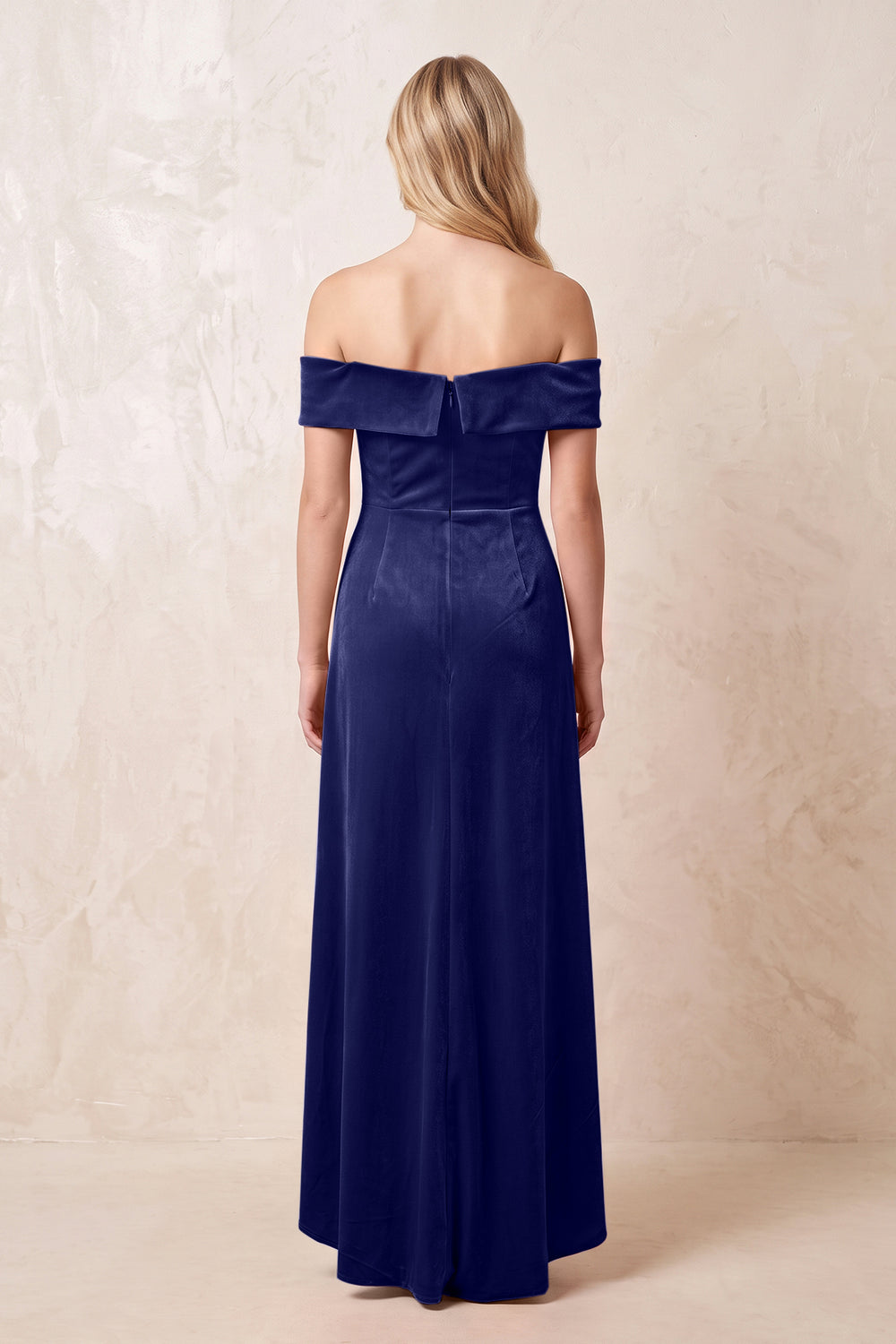 Navy Off-the-Shoulder Sheath Velvet Midi Bridesmaid Dress - KISSPROM