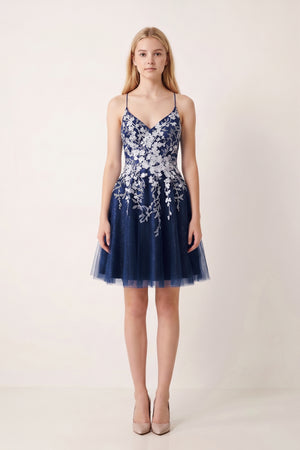 Navy Blue Aline Short Glitter Tulle Homecoming Dress with Appliques - KISSPROM