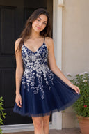 Navy Blue Aline Short Glitter Tulle Homecoming Dress with Appliques - KISSPROM
