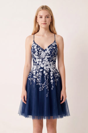 Navy Blue Aline Short Glitter Tulle Homecoming Dress with Appliques - KISSPROM