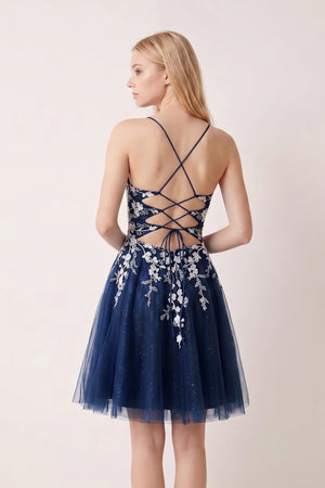 Navy Blue Aline Short Glitter Tulle Homecoming Dress with Appliques - KISSPROM