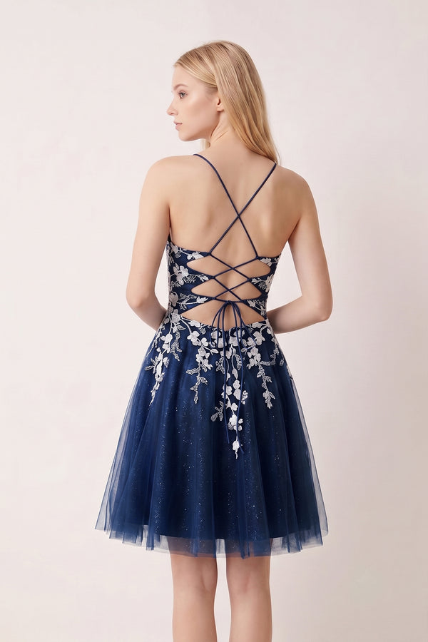 Navy Blue Aline Short Glitter Tulle Homecoming Dress with Appliques - KISSPROM