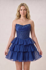 Navy Blue - Strapless A Line Chiffon Beaded Homecoming Dress With Ruffles – Homecoming Dress by KissProm | Available at KissProm