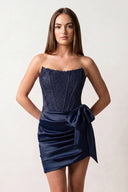 Navy Blue Strapless Appliques Ruched Homecoming Dress with Bow - KISSPROM